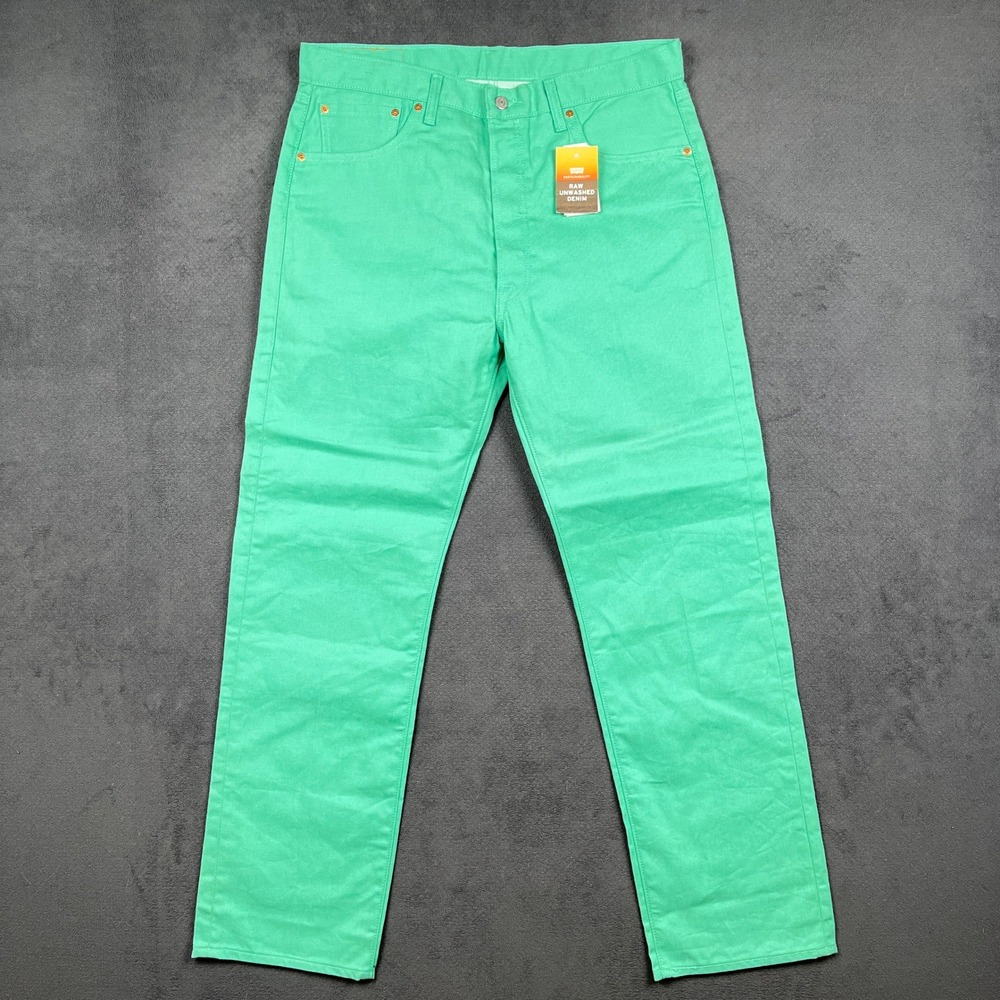 Levis 501 Original Fit Jeans Mens 36x32 Mint Green Raw Unwashed Denim NEW